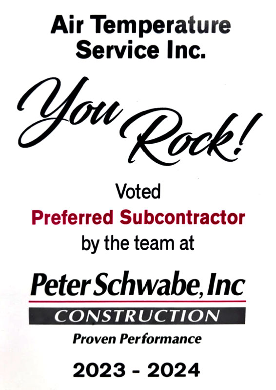 Peter Schwabe, Inc Construction Preferred Subcontractor award for Air Temperature Service Inc., Proven Performance, 2023-2024