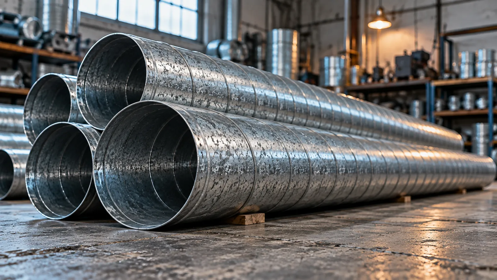 Illustrative stack of galvanised spiral ducts with their continuous lock seams visible on a shop floor