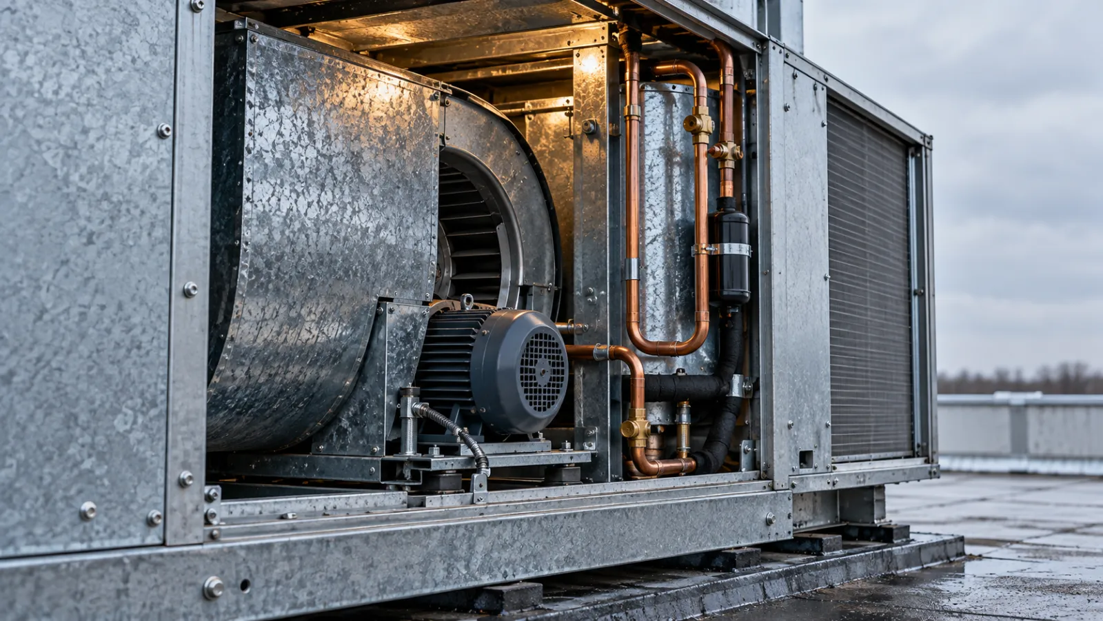 Illustrative open rooftop HVAC unit showing its fan motor, copper lines and galvanised access panels